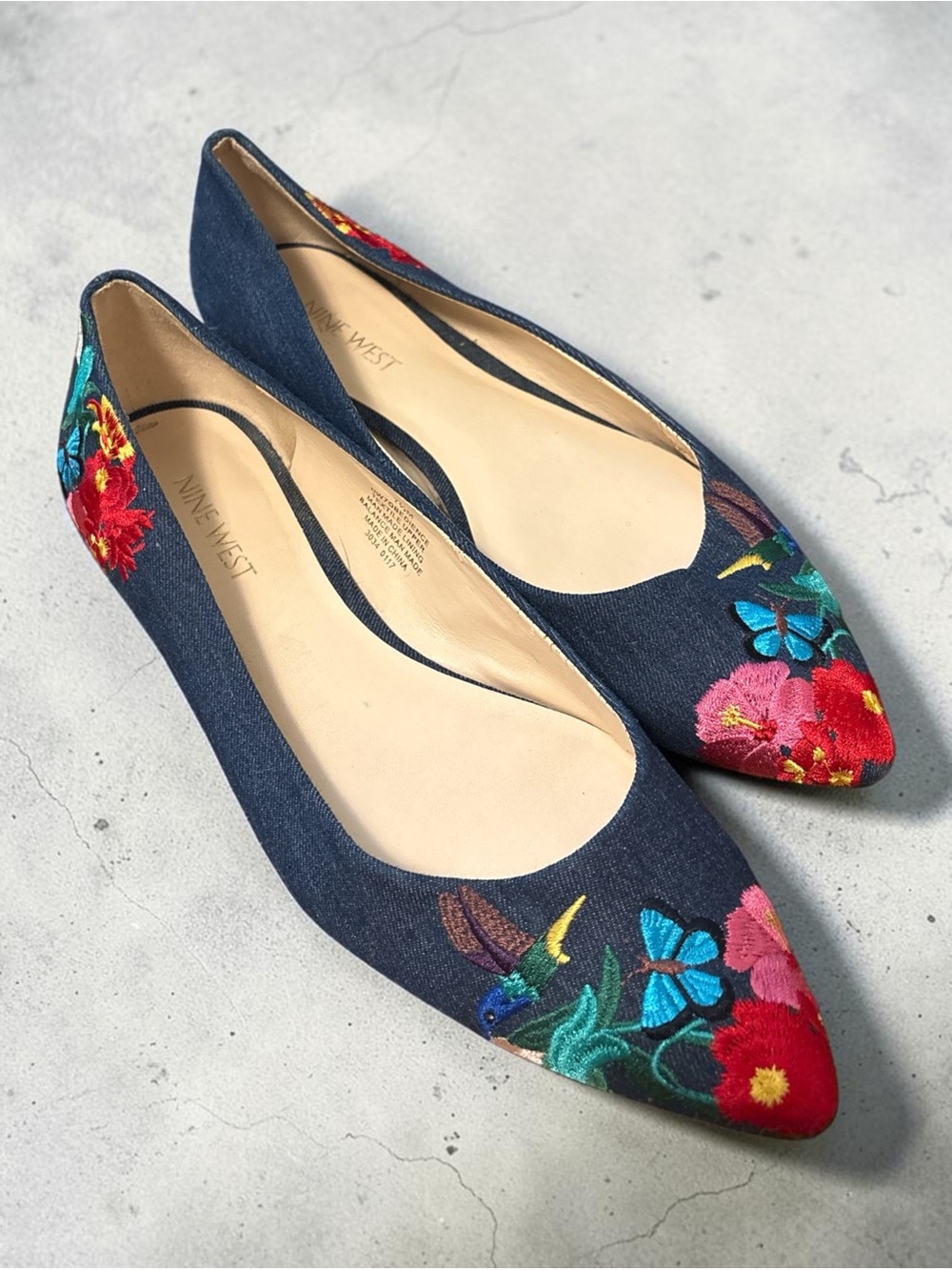 Nine West Navy Floral Embroidered Pointed Flats with Multicolor Accents
